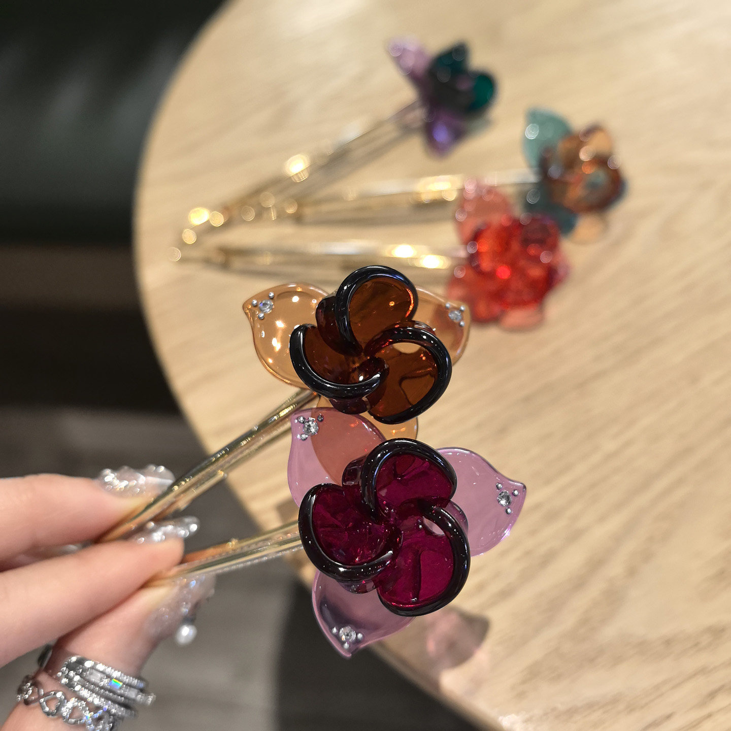 韩国进口发饰AZNAVOUR/AZ透明色三角梅花朵一字长夹子发夹青蛙夹