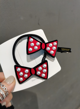 韩国进口AZNAVOUR/AZ发饰红色珍珠蝴蝶结发圈鸭嘴夹发夹