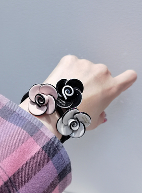 aidemoli韩国进口发饰日韩香风黑色米白浅粉色山茶花发圈皮筋发绳