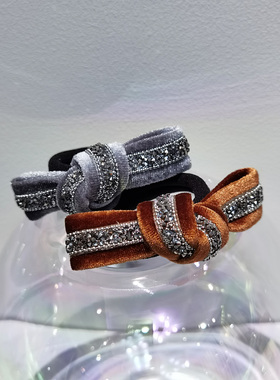 aidemoli韩国进口发饰日韩少女碎钻丝绒蝴蝶结灰色焦糖色发圈皮筋