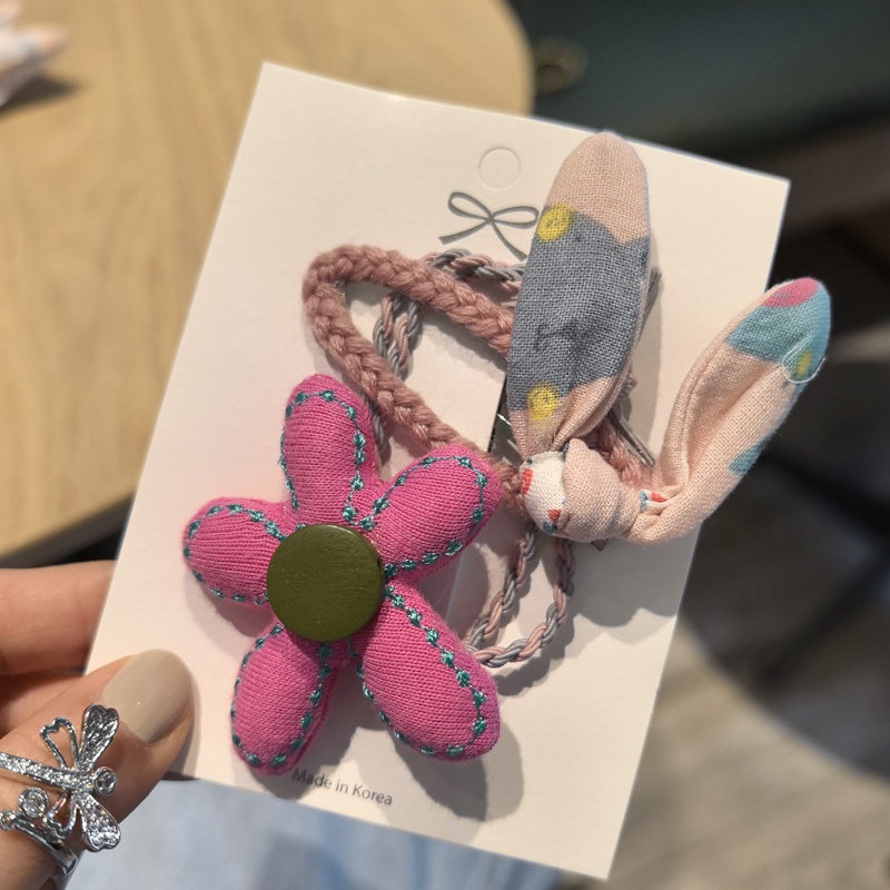 leryae韩国进口可爱儿童发饰花朵编织皮筋兔耳朵发夹BB夹一套