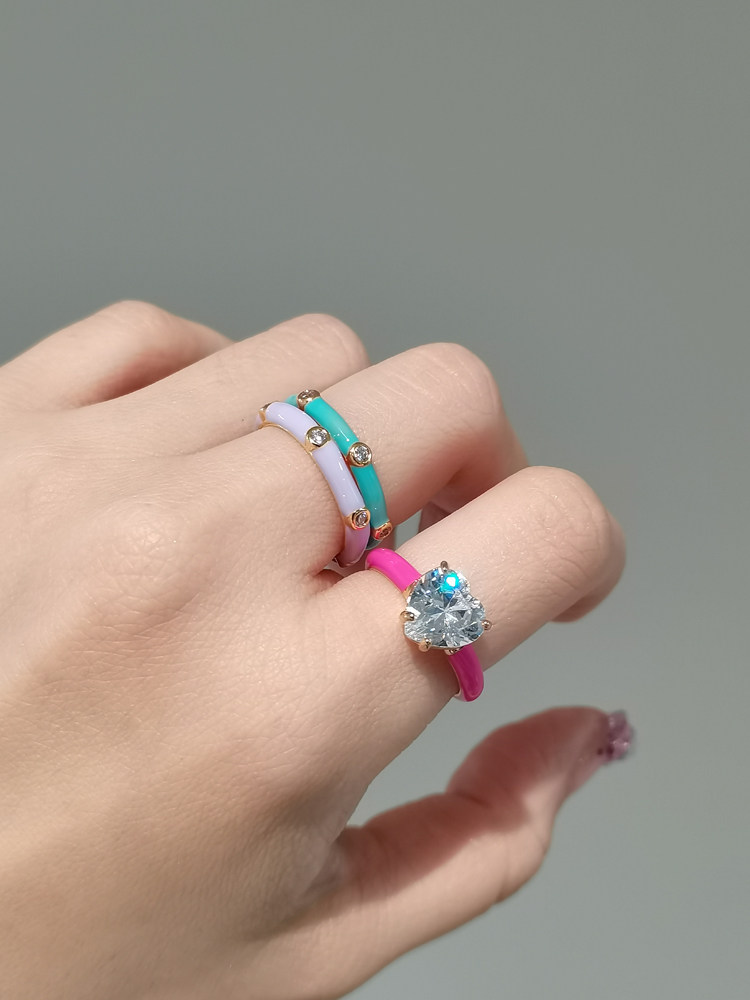 aidemoli韩国进口饰品多巴胺女孩糖果彩色滴釉爱心水钻戒指指环