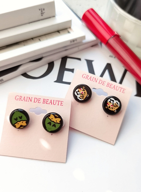 韩国进口 AZNAVOUR AZ 饰品耳饰虎年老虎头怪鸭黄色绿色耳钉女