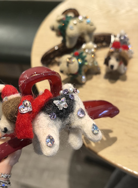 leryae韩国进口发饰毛毡小狗围巾施S水钻发夹鸭嘴夹13cm抓夹发抓