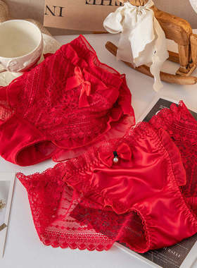 内裤女士大红色本命年性感蕾丝花边安可拉红马年少女蝴蝶结三角裤