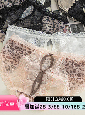 豹纹内裤女性感蕾丝薄款透气镂空三角裤蝴蝶结纯棉裆短裤衩纯欲风