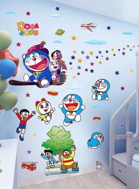 儿童房卧室背景墙贴3D壁纸装饰哆啦A梦卡通壁画贴纸自粘动漫贴画
