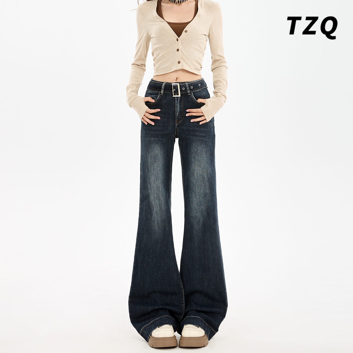 美式蓝灰色辣妹微喇牛仔裤女2025