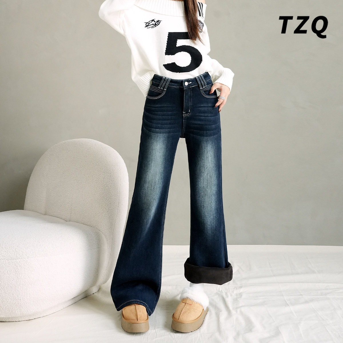 蓝灰色复古微喇牛仔裤女秋冬季加绒高腰显瘦修身不贴腿拖地喇叭裤,女装/女士精品,牛仔裤,淘宝优惠券,粉丝福利购,淘宝优惠卷