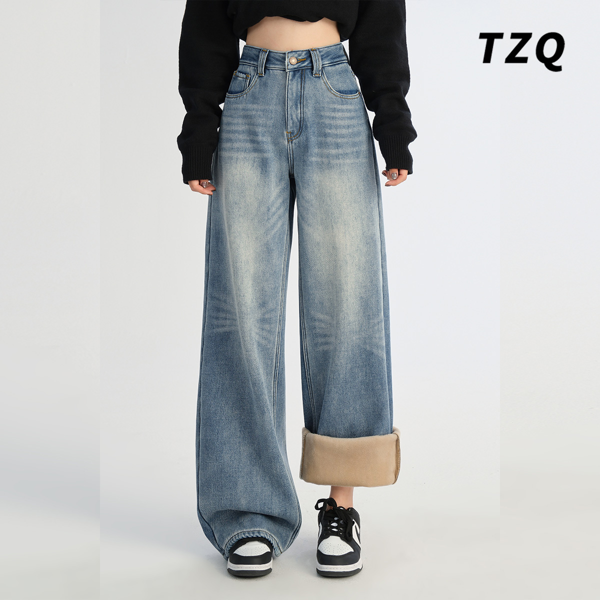 冬季新款高腰保暖垂感显瘦直筒裤