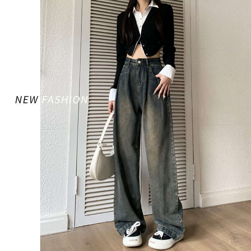 水泥灰阔腿牛仔裤女春秋2025新款