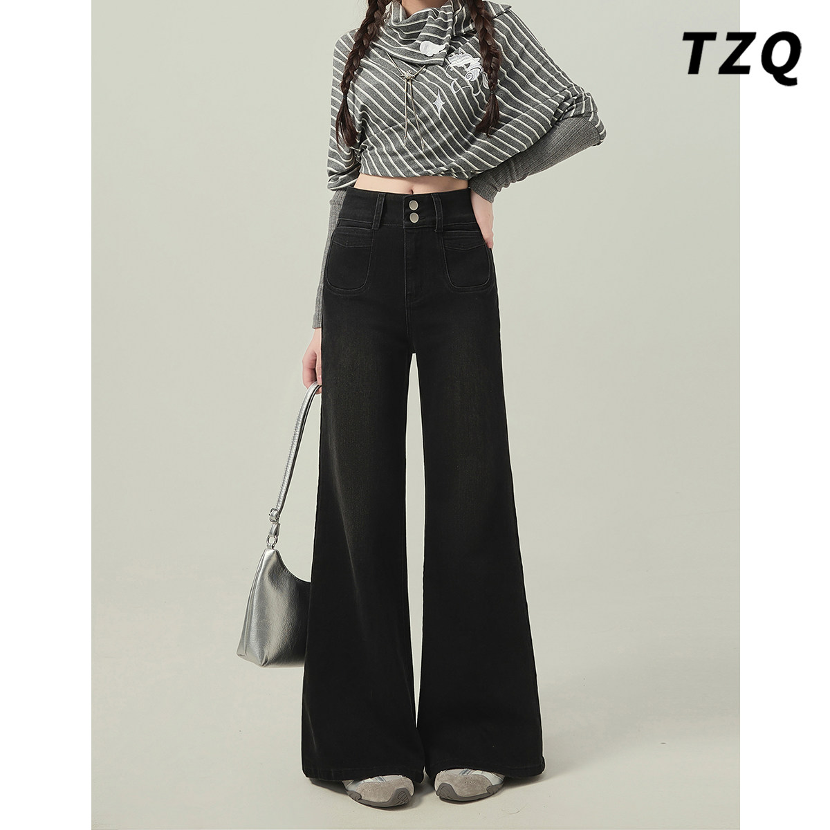 黑灰色双扣高腰微喇牛仔裤女秋冬季加绒加厚不贴腿垂感拖地喇叭裤,女装/女士精品,牛仔裤,淘宝优惠券,粉丝福利购,淘宝优惠卷