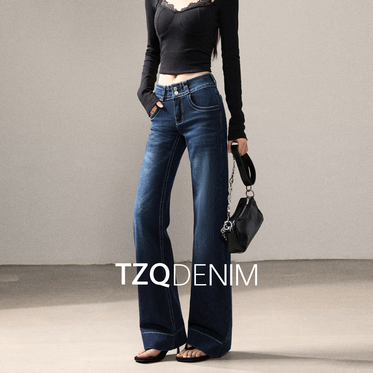 淘稚气复古深蓝灰低腰微喇牛仔裤女2026秋季不贴腿宽松显瘦喇叭裤