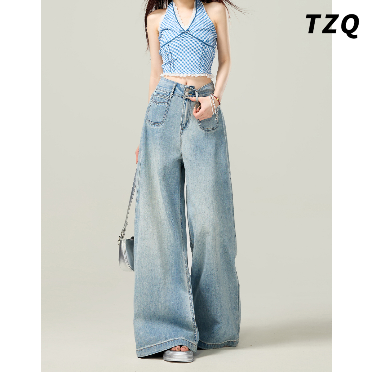 复古垂感阔腿牛仔裤女2025年夏季