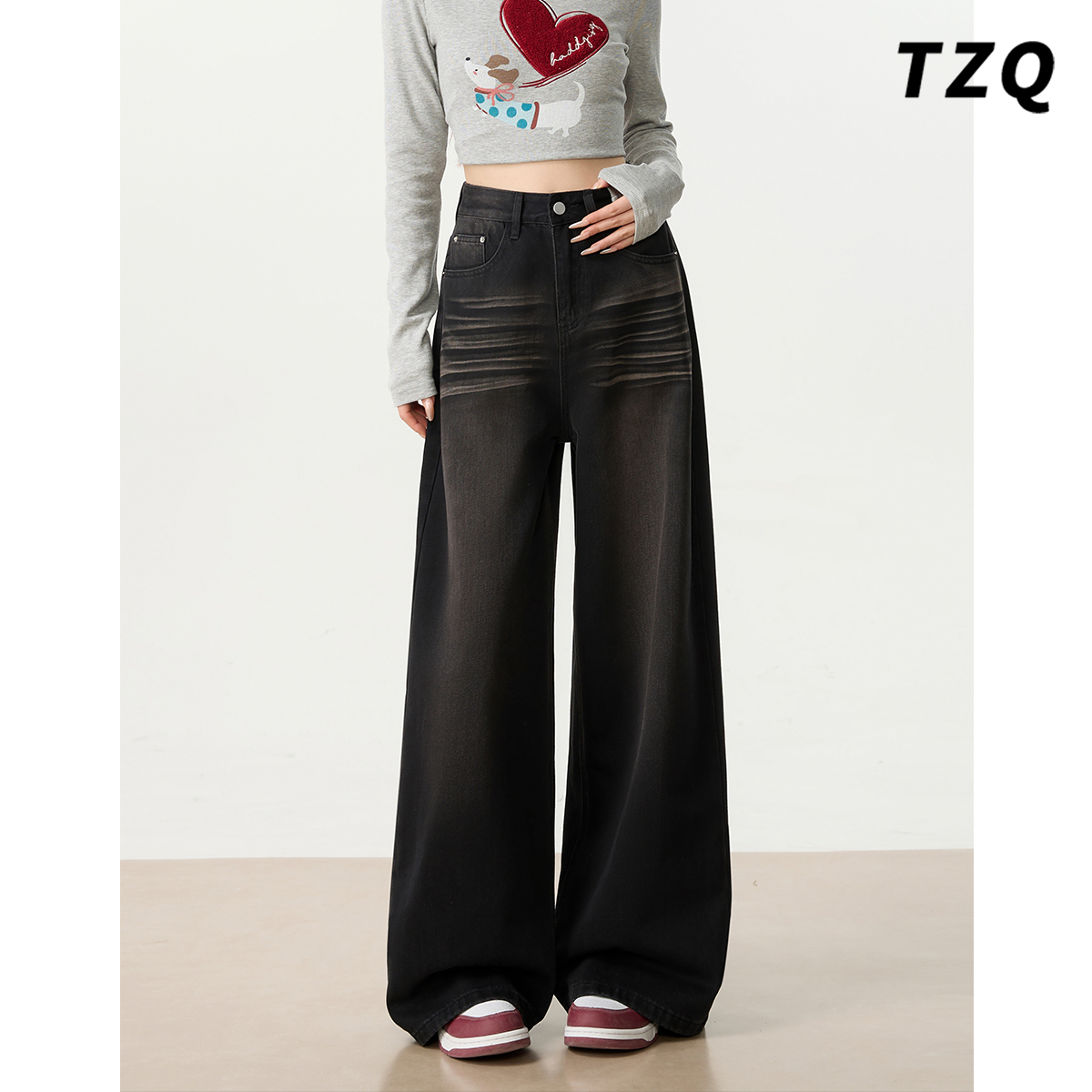 时尚高腰宽松慵懒风拖地直筒裤子