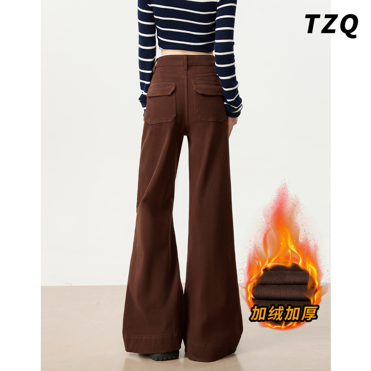 秋冬加绒高腰垂感拖地马蹄喇叭裤