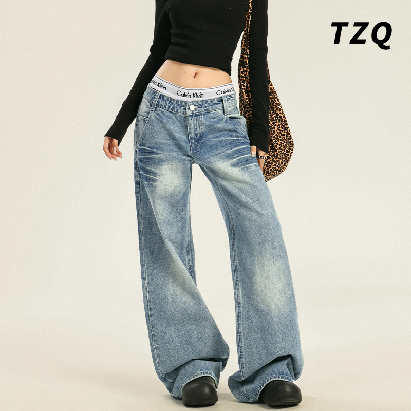 手缝压皱美式辣妹低腰牛仔裤女