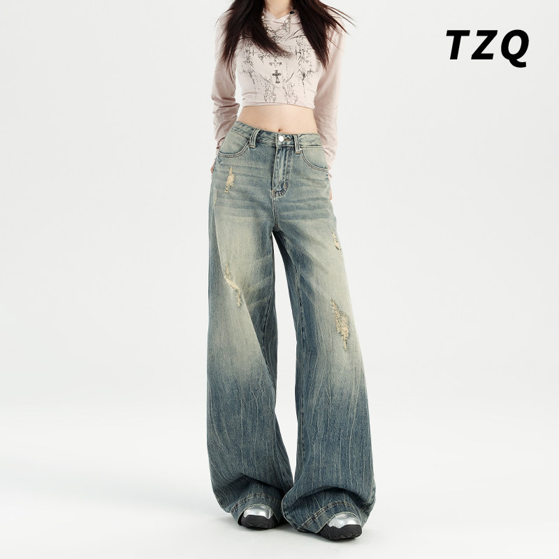 破洞设计感宽松垂感裂纹拖地裤子