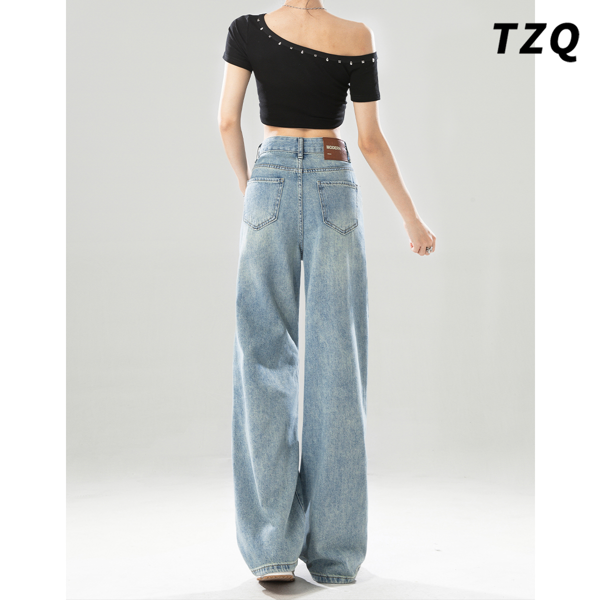 美式复古慵懒风窄版阔腿牛仔裤女