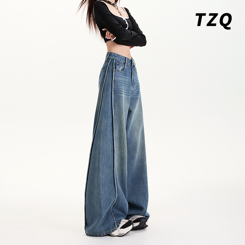 美式复古高街大阔腿牛仔裤女爆款