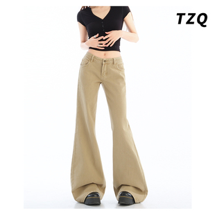 美式卡其色低腰微喇牛仔裤女装秋季新款辣妹高街垂感拖地喇叭裤子