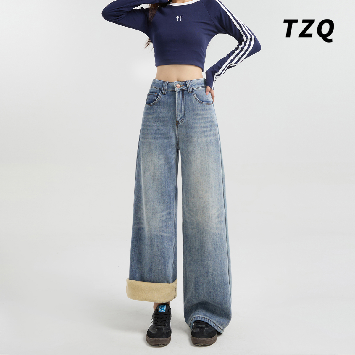 百搭高腰显瘦加绒保暖拖地直筒裤