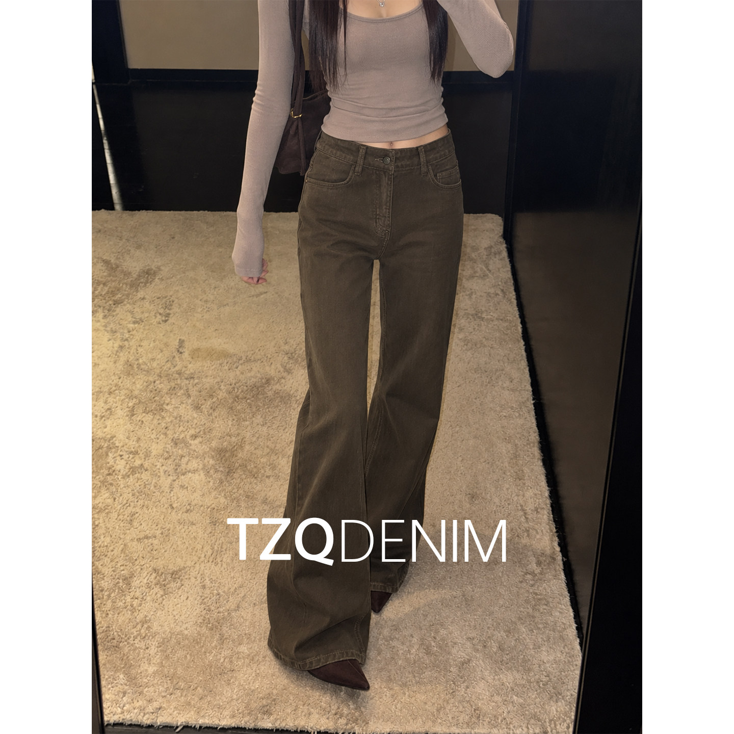 淘稚气美拉德摩卡棕高腰阔腿牛仔裤女2026秋季宽松显瘦垂感拖地裤