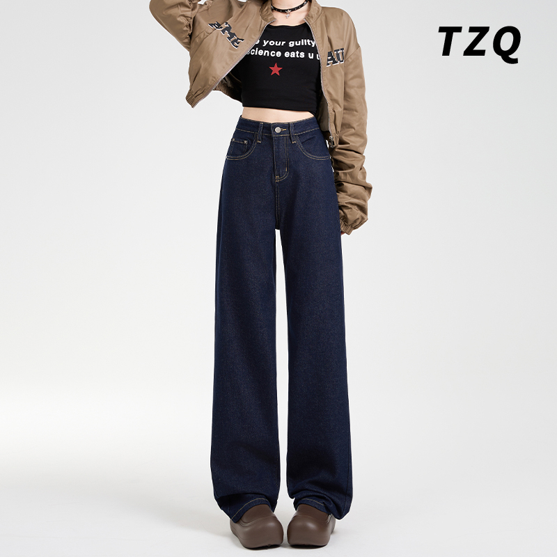 丹宁蓝窄版阔腿牛仔裤女爆款2025