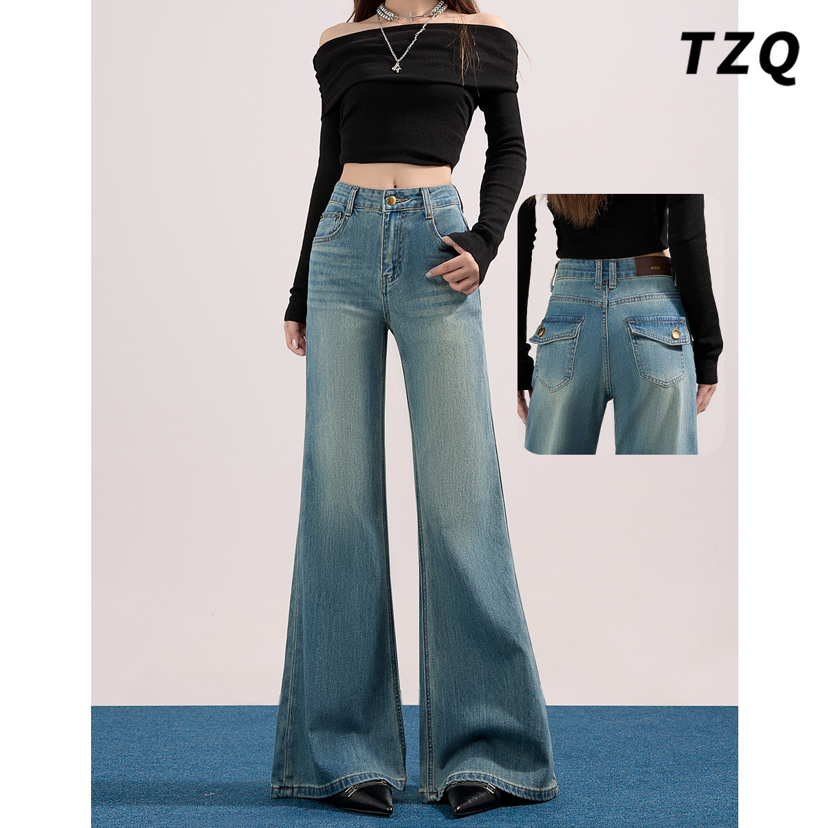 蓝色复古水洗微喇牛仔裤女2026春季美式小个子宽松不贴腿喇叭长裤,女装/女士精品,牛仔裤,淘宝优惠券,粉丝福利购,淘宝优惠卷