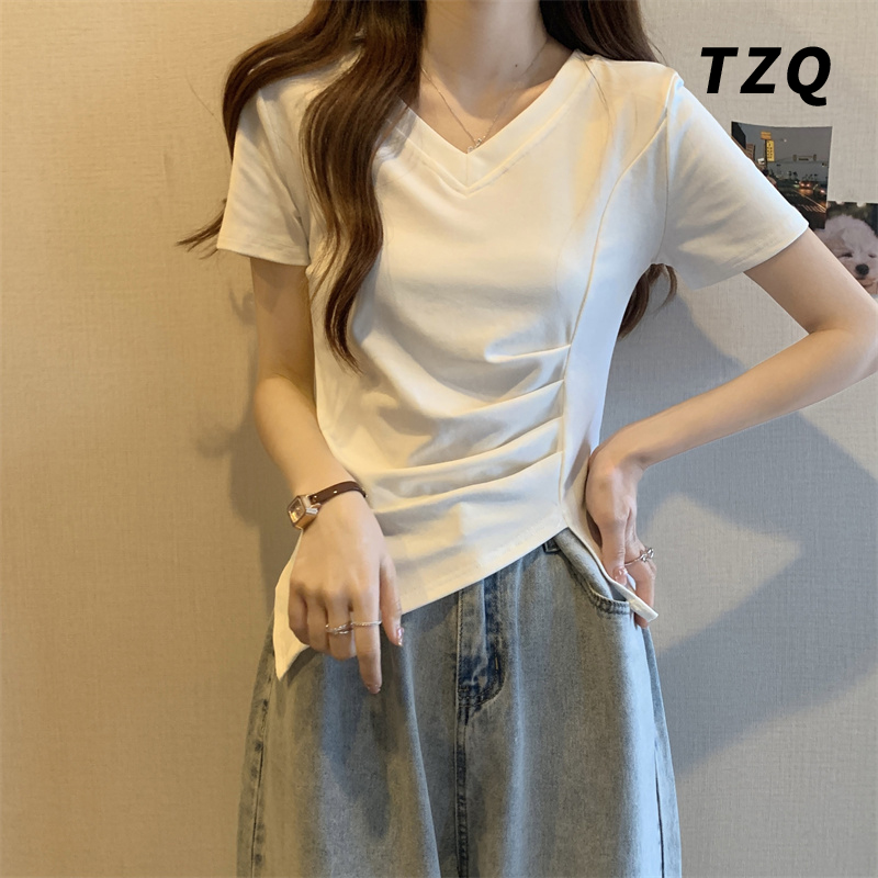 不规则开叉短袖T恤女2025款夏季纯色时尚百搭修身显瘦短款上衣