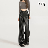 高腰百搭宽松显瘦长裤 美式 新款 女2025年夏季 子 黑色辣妹直筒PU皮裤