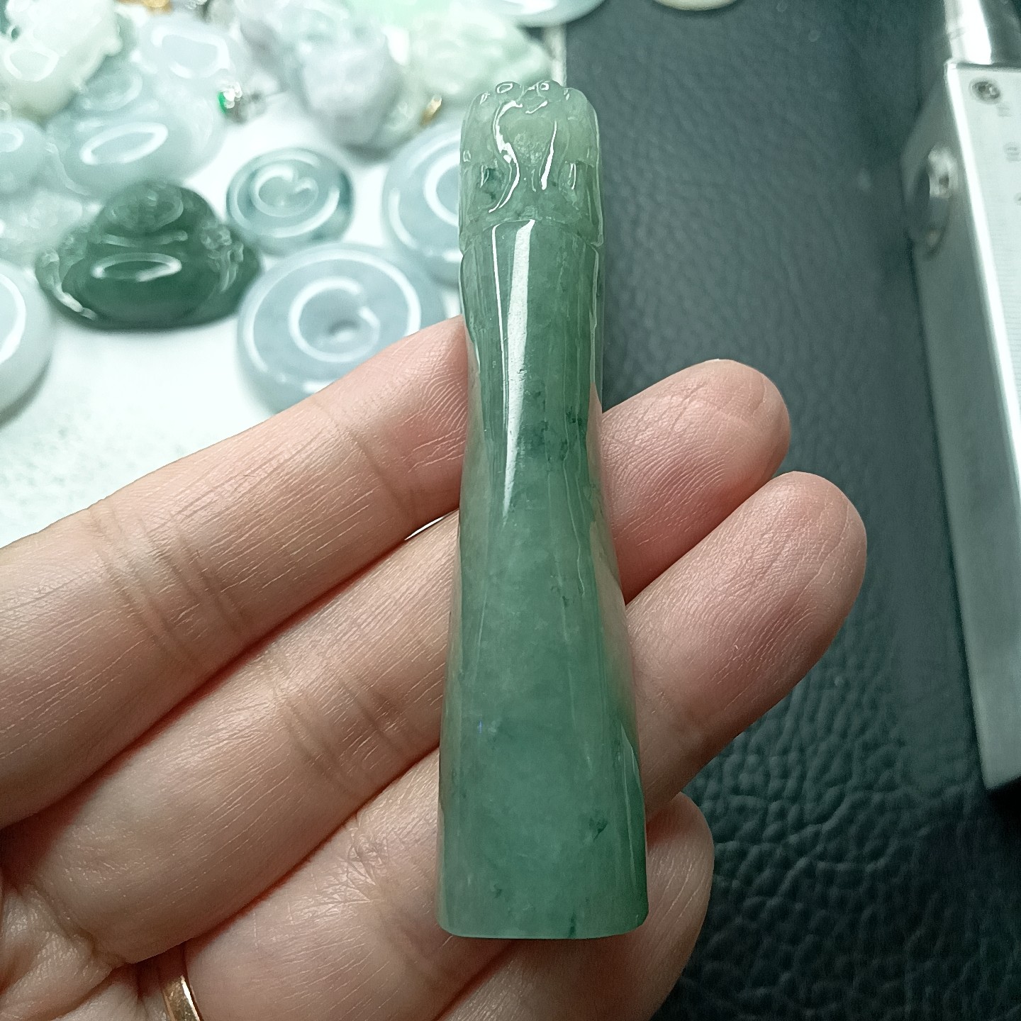 缅甸天然翡翠玉冰油青飘花平安柱平安牌无事牌吊坠