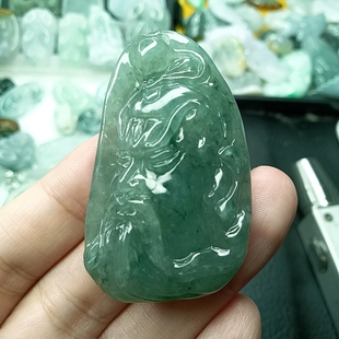 缅甸天然翡翠玉冰油青飘花关公吊坠