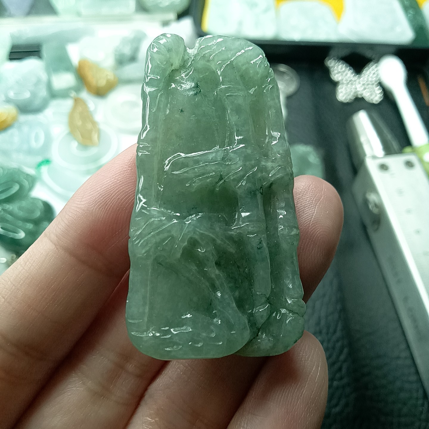 缅甸天然翡翠玉油青飘花竹子吊坠