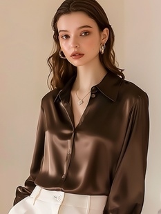 缎面衬衣 设计感轻熟通勤港风纯色长袖 女2024新款 巧克力色丝绸衬衫