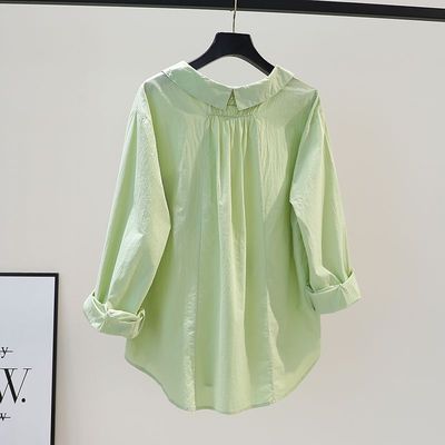 果绿色长袖棉衬衫女2023新款秋装休闲小清新设计感高级感上衣外套