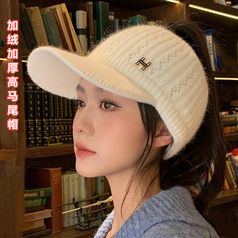 秋冬季加绒加厚空顶鸭舌棒球帽子女可扎露高马尾保暖防寒针织毛线