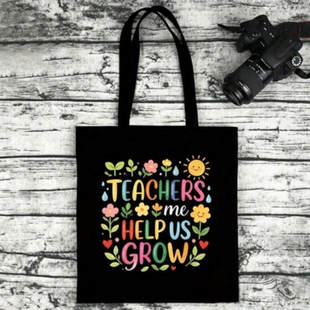 欧美英文标语Teachers帆布托特包 多学科主题印花黑色手提布袋