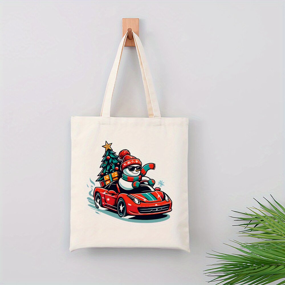 跨境热卖女士圣诞雪人驾驶红色跑车手提袋购物袋带节日雪人和礼物