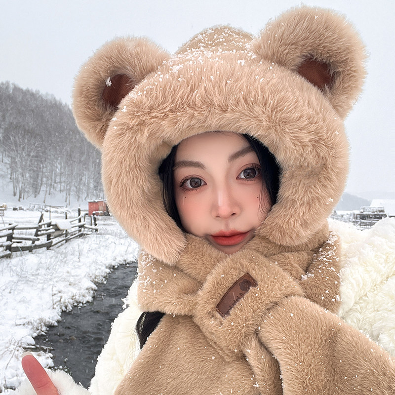 小熊帽子围巾一体式连帽保暖女冬季手套三件套加厚三合一披肩两用