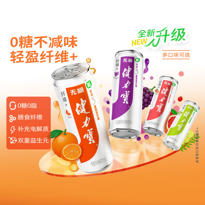 【百补】健力宝益生元无糖纤维+330ML*24罐0脂电解质碳酸饮料汽水