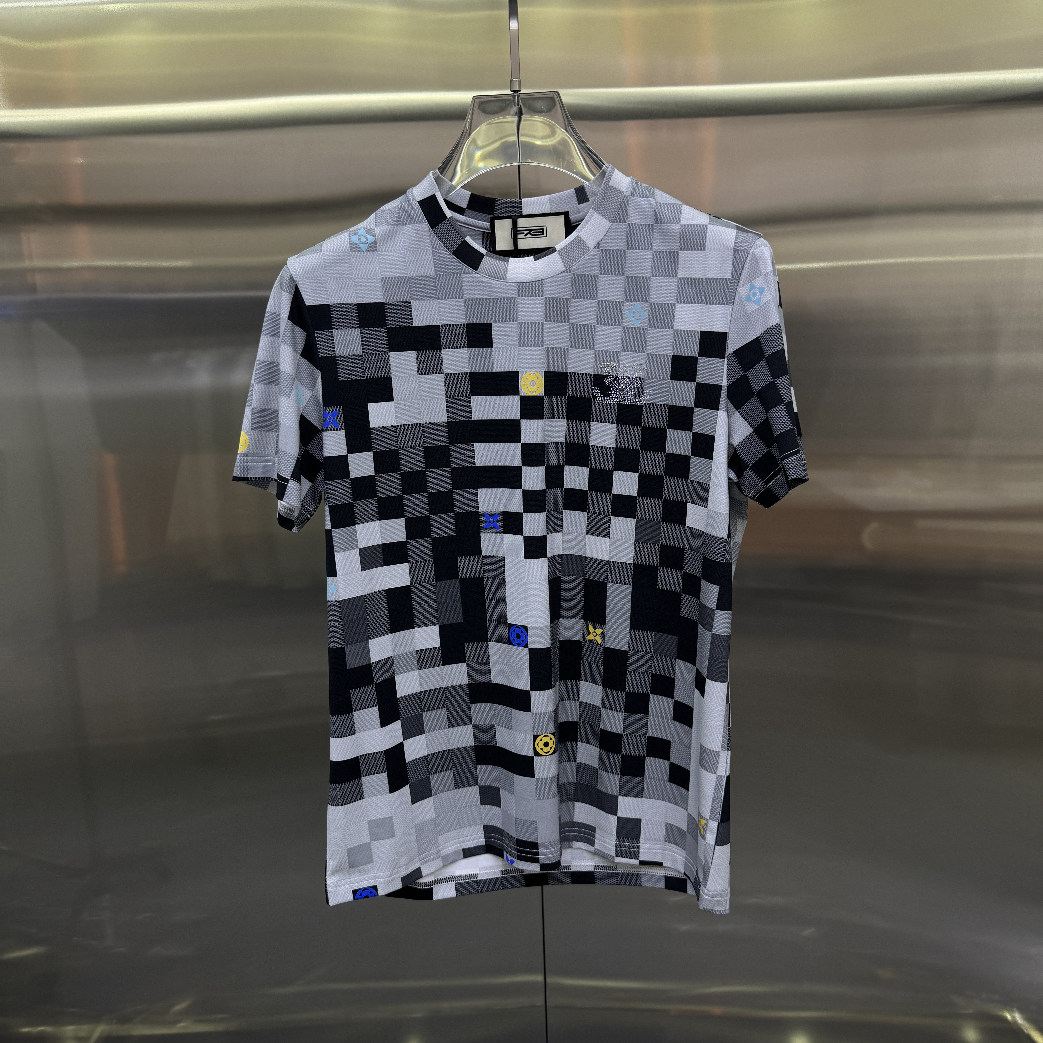 2026夏季新款潮流马赛克格子设计个性圆领修身男士休闲短袖T恤潮