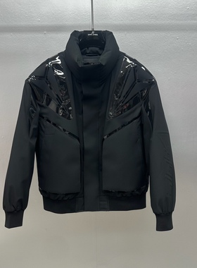 欧货轻奢潮牌立领拼接羽绒服男黑色机能保暖外套美式复古夹克外套