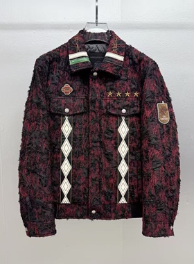 欧货潮流个性轻奢刺绣羊毛拼接翻领重工高级感百搭夹克25秋冬新款