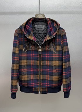 欧货时尚高级感连帽男士夹棉夹克25秋冬新款格子字母刺绣痞帅外套