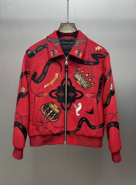 欧货轻奢高街风重工刺绣翻领夹克2025潮牌百搭拉链外套本命年红色