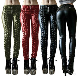 tied leather Tight Women long casual punk 女裤 pants