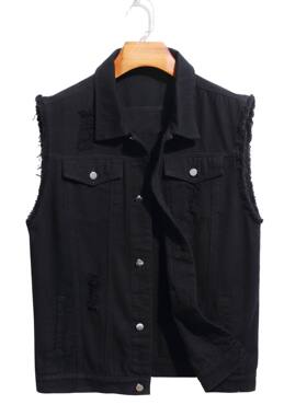 牛仔马甲Men's denim vest worn out waistcoat man singlet male