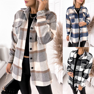 grid 衣 coat collar shirt single sleeved long women Autumn