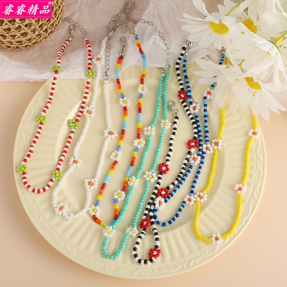 ethnic style rice bead flower necklace Girls bohemian choker